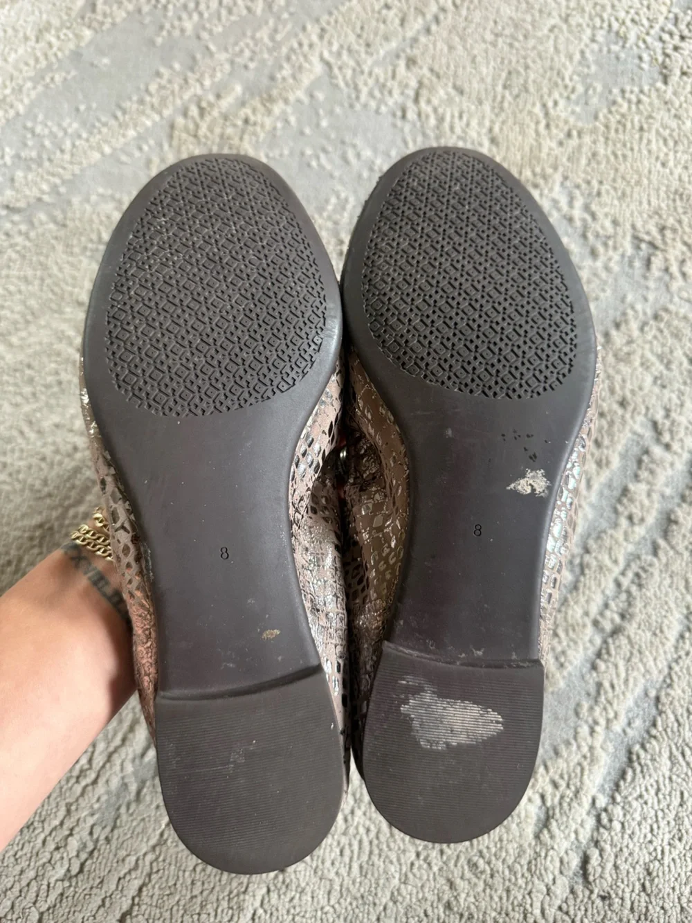 Tory Burch Heidi Metallic Taupe silver Logo Ballet Flats slip on 8
